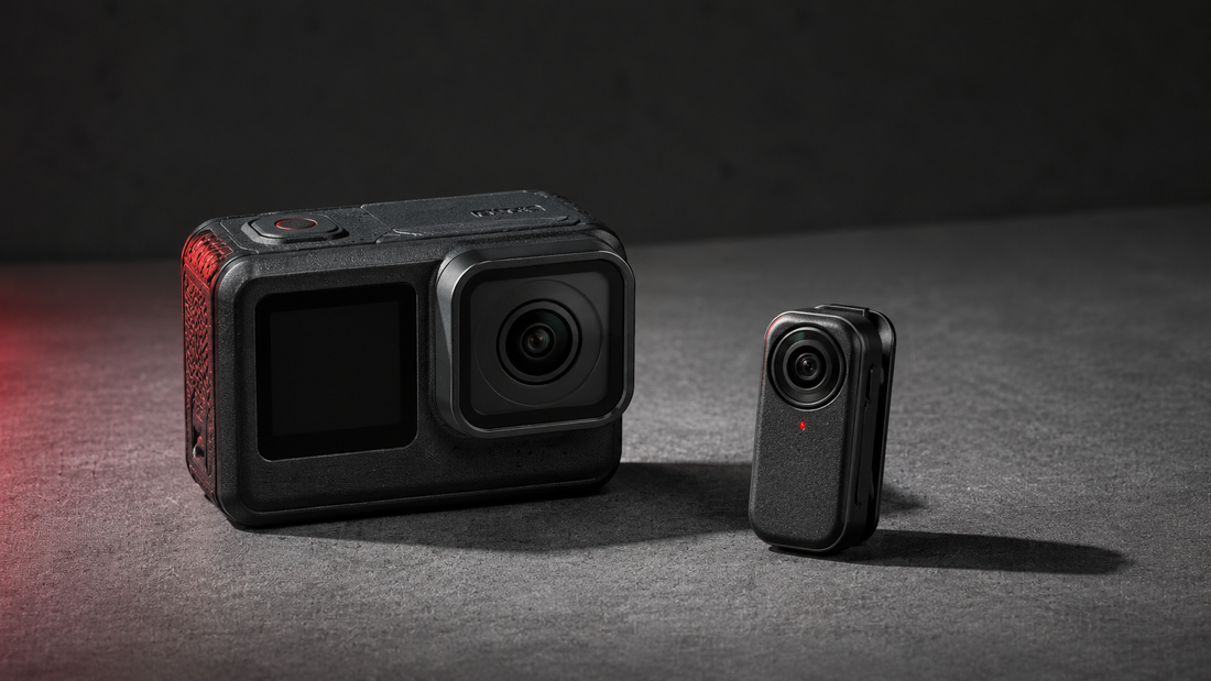 A small camera clipped to a backpack strap while riding a forest trail, filming hands-free